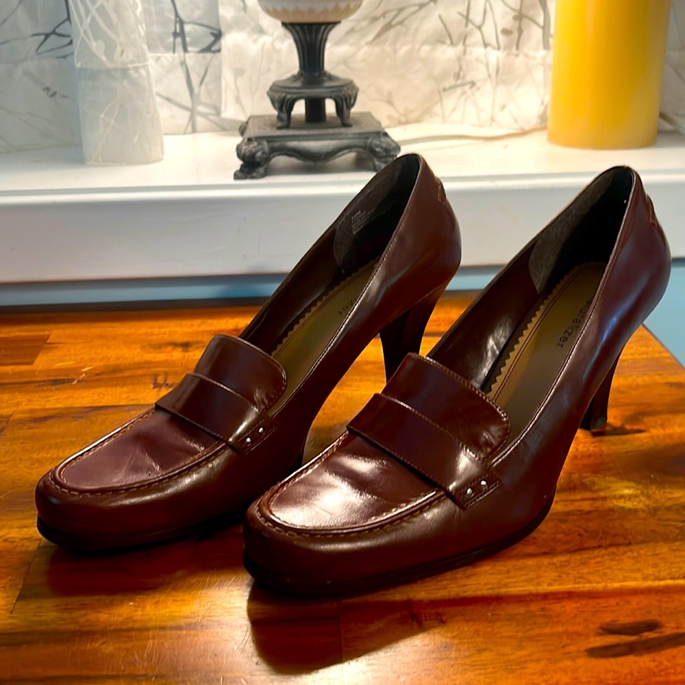 Chocolate Brown Leather, Heeled Loafers, Size 10